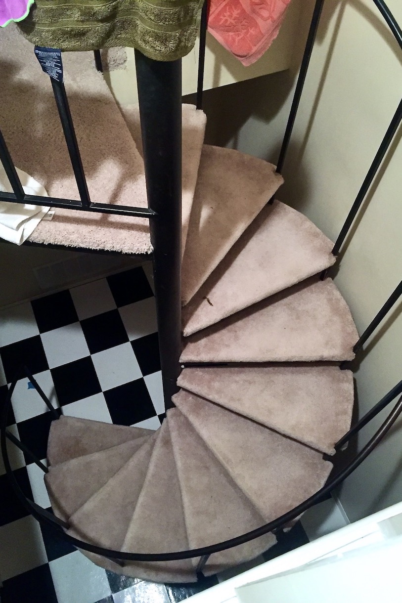 Black metal spiral staircase with carpet