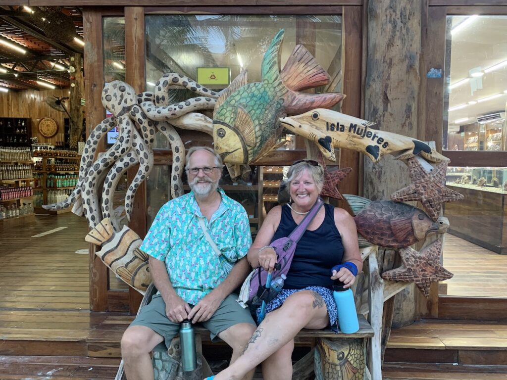 In-laws sitting on decorated bench