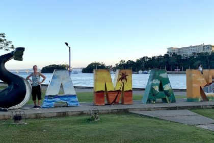 Mrs. ItchyFeet in front of Samaná letters