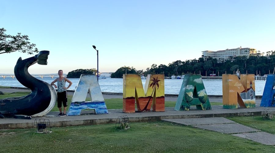 Mrs. ItchyFeet in front of Samaná letters