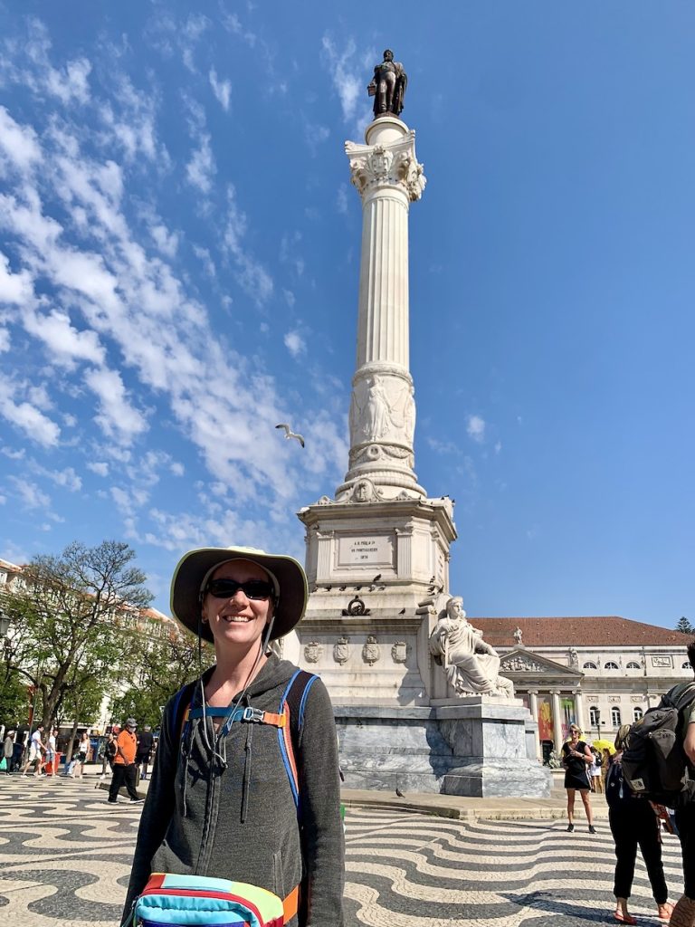 Mrs. ItchyFeet in front of Lisbon statue