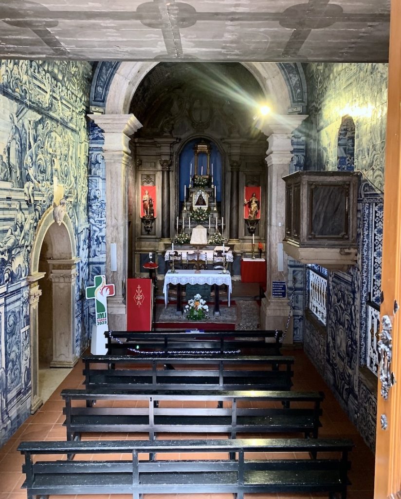 Blue tiles inside a tiny church