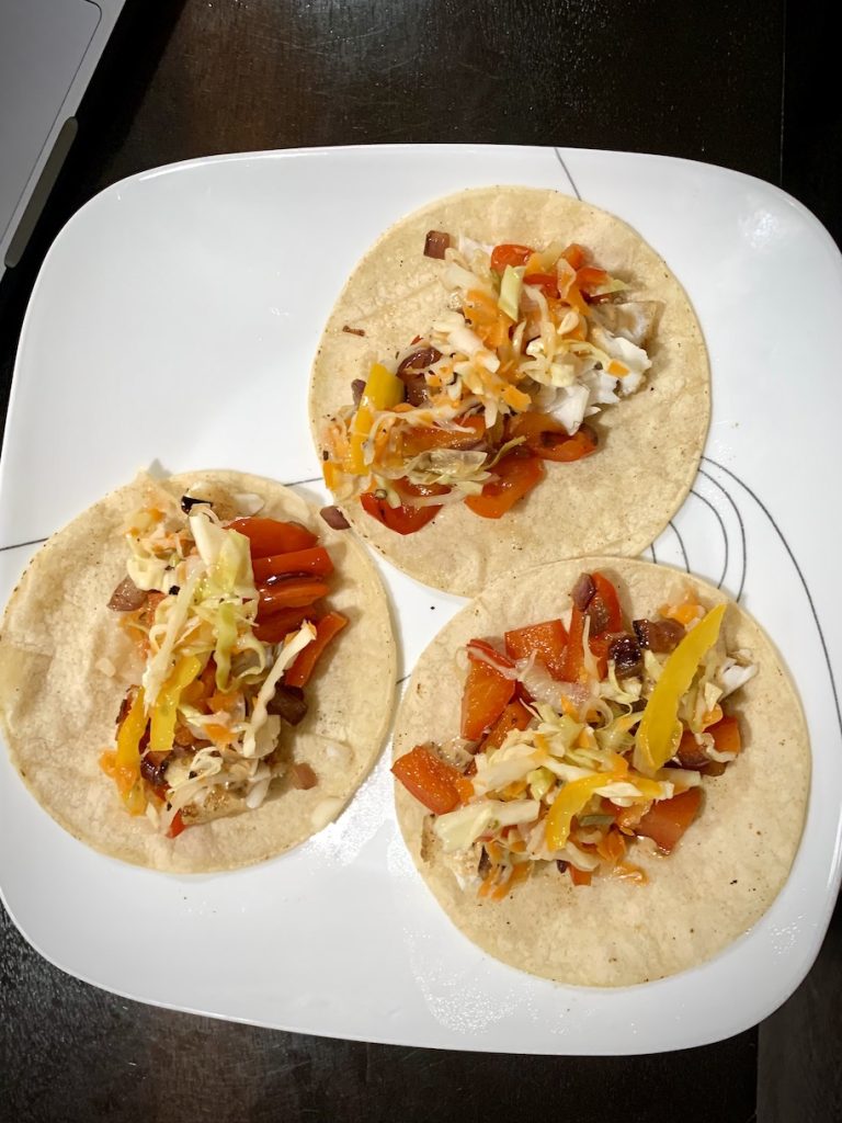 Fish tacos with Haitian cabbage slaw, pikliz