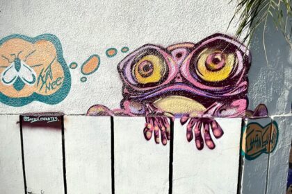 Street art of frog dreaming of food