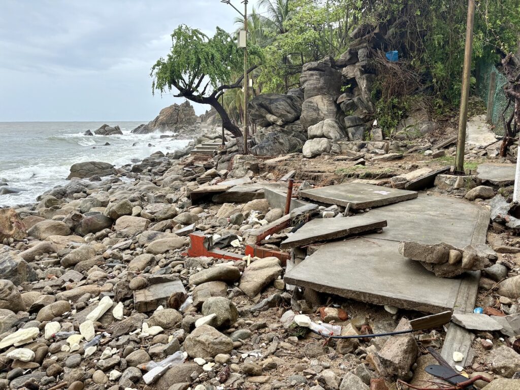 Broken sidewalk and missing cabana