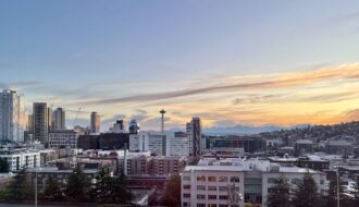 Seattle skyline sunset with view of The Space Needle