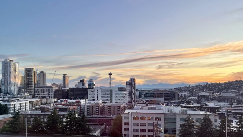 Seattle skyline sunset with view of The Space Needle