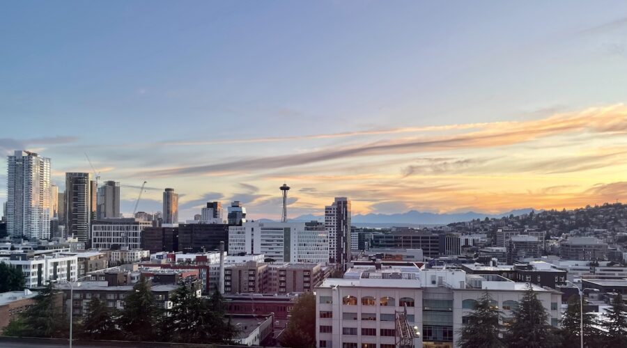 Seattle skyline sunset with view of The Space Needle