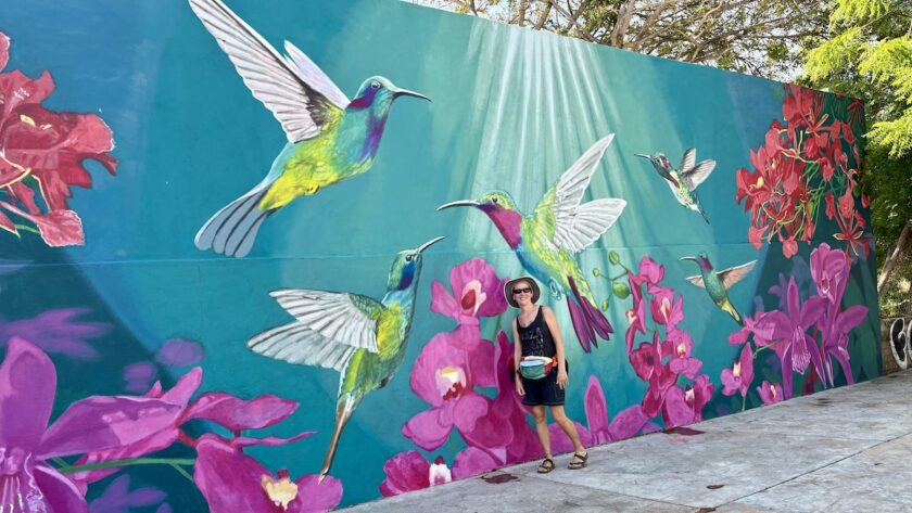 Mrs. ItchyFeet in front of hummingbird mural