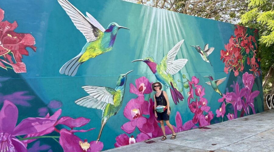 Mrs. ItchyFeet in front of hummingbird mural