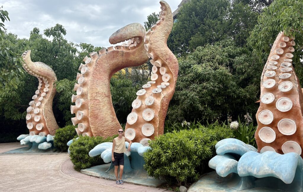 Mrs. ItchyFeet and octopus tentacle sculpture