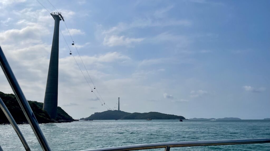 View of aerial cable car from boat