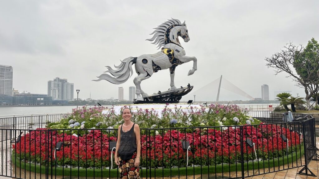 Mrs. ItchyFeet with Fire Horse sculpture for the new year