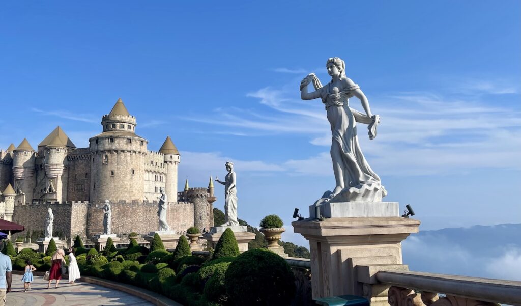 Marble statues along walkway